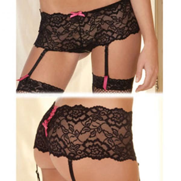 Crotchless Lace Boyleg with Garters Black S/M - Secret Garden