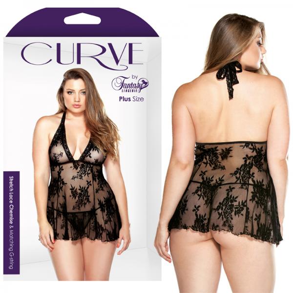 Lace Chemise & Matching G-String Black 1X/2X - Secret Garden