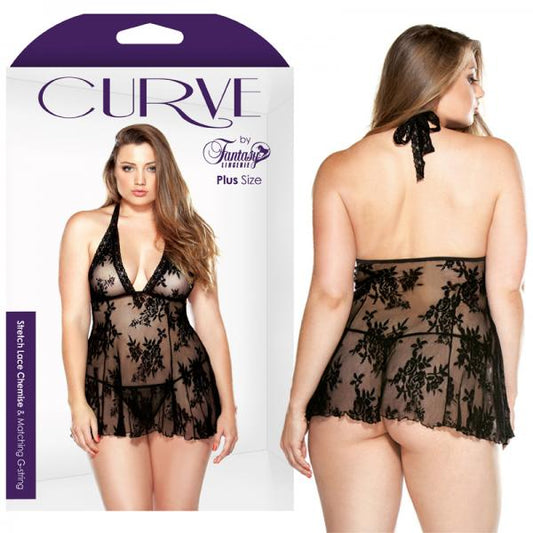 Curve Stretch Lace Chemise & Matching G-string Black 3x/4x - Secret Garden