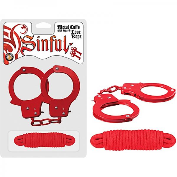 Sinful Metal Cuffs W/keys & Love Rope Red - Secret Garden