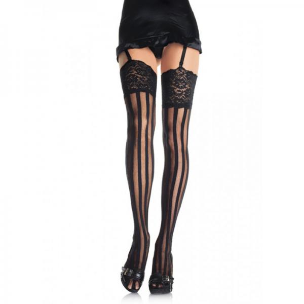 Stripe Thigh Hi W/lace Top O/s Black - Secret Garden