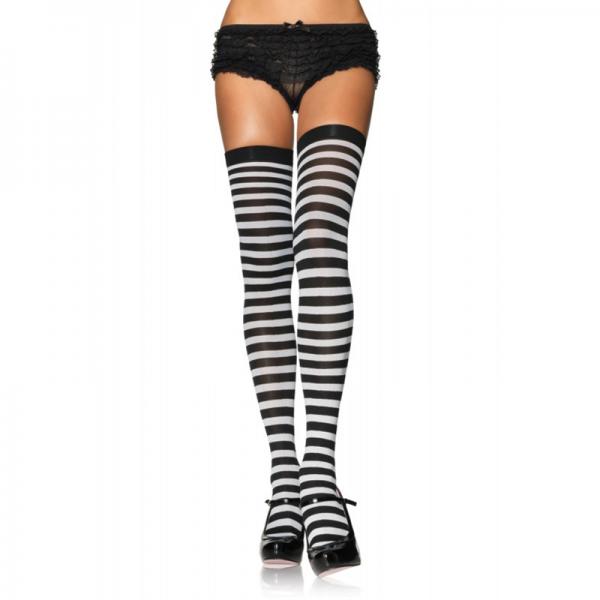 Nylon Stocking with Stripe O/S Black, White - Secret Garden