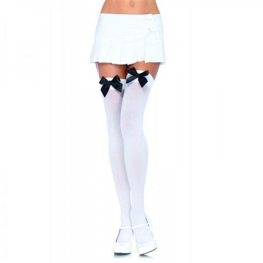 Nylon Over The Knee Bow Accent O/S White/Black - Secret Garden