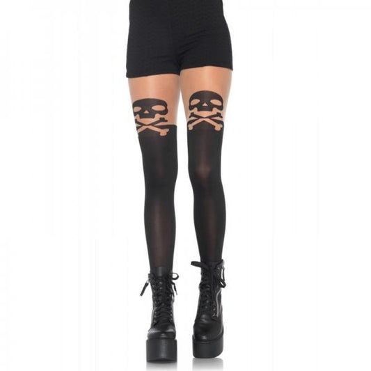 Skull, Crossbone Opaque Pantyhose Thigh Accent O/S Black - Secret Garden