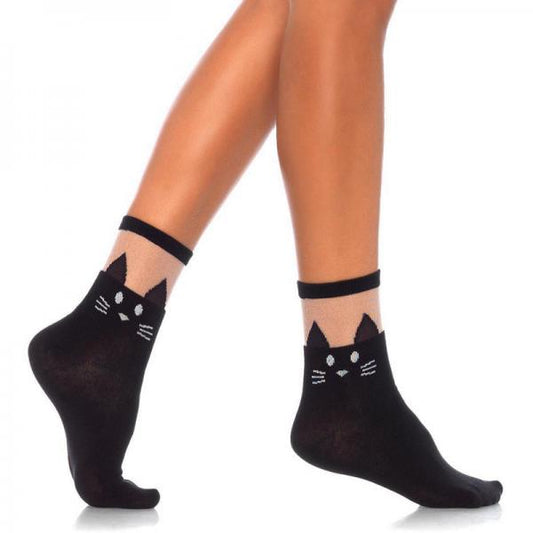 Black Cat Opaque Anklet Socks Sheer Tops O/S Black - Secret Garden