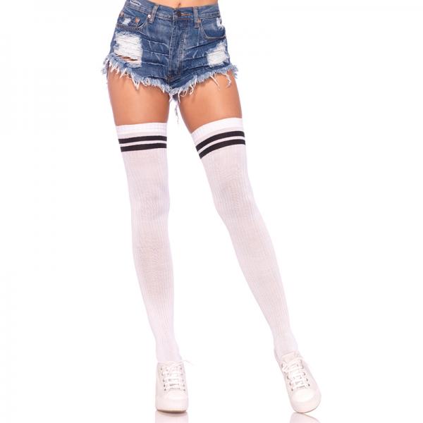 Ribbed Athletic Thigh Highs O/S White/Black - Secret Garden