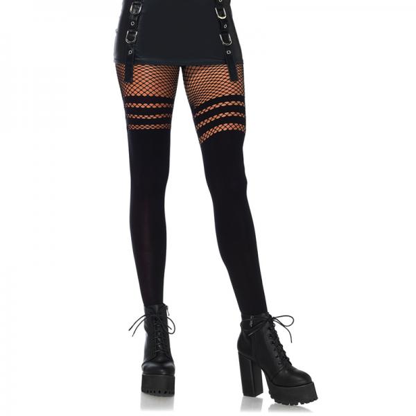 Seamless Opaque Faux Thigh High Pantyhose W/striped Fishnet Thigh O/s Black - Secret Garden