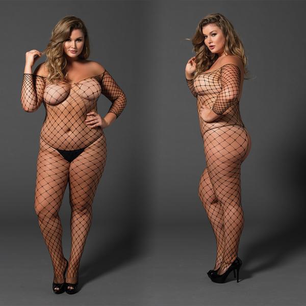 Fence Net Off The Shoulder Bodystocking. Long Sleeved Plus Size Black - Secret Garden