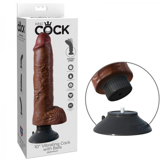 King Cock 10in Vibrating Cock W/balls Brown - Secret Garden