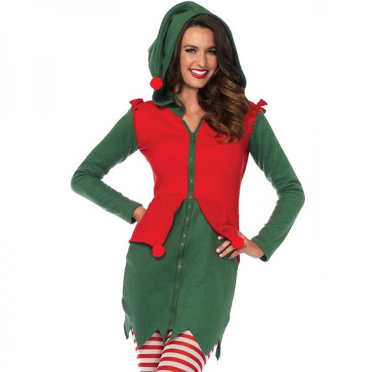 Cozy Elf,fleece Dress With Cute Elf Hood And Pom Pom Accents Green/red Small - Secret Garden