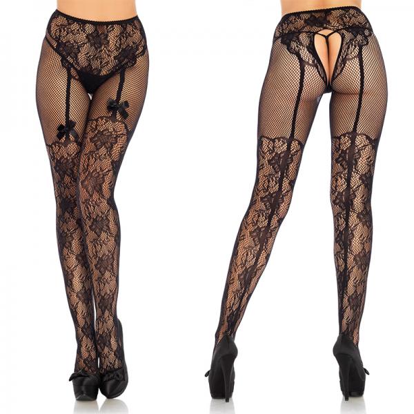 Fleur De Lace Suspender Illusion Crotchless Tights With Bow Accent O/s Black - Secret Garden