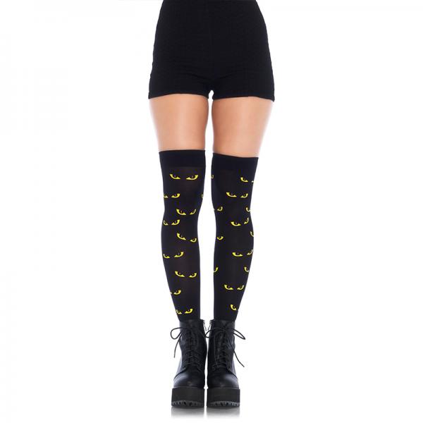 Spooky Eyes Printed Opaque Thigh Highs O/s Black/yellow - Secret Garden