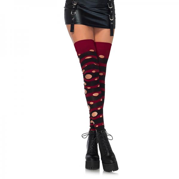 Distressed Opaque Striped Thigh Highs O/s Black/burgundy - Secret Garden