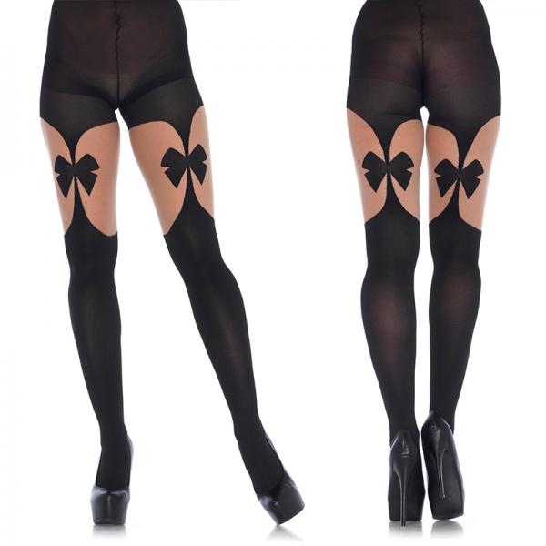 Opaque Illusion Garterbelt Tights With Front & Back Bow O/s Black/nude - Secret Garden