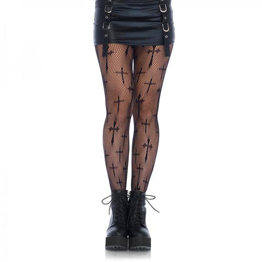 Worship Me Cross Net Tights 1x-2x Black - Secret Garden