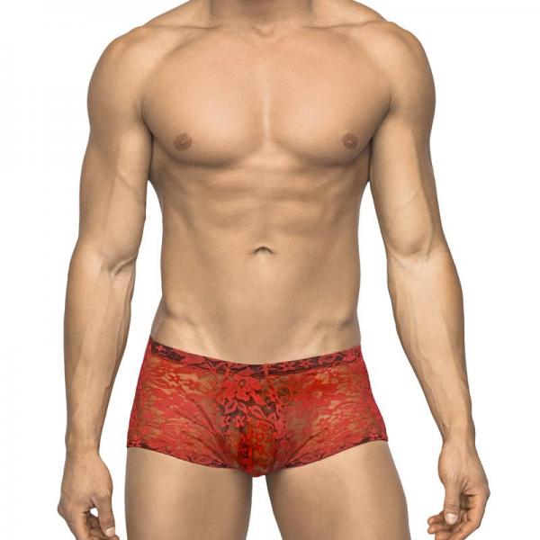 Male Power Stretch Lace Mini Short Red Medium - Secret Garden