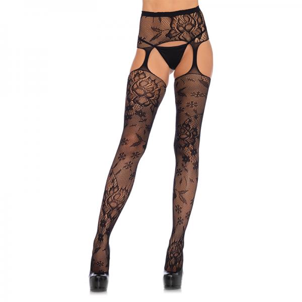 Floral Lace Stockings With Attached High Waist Garter Belt O/s Black - Secret Garden