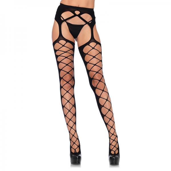 Diamond Net Opaque Stockings With Attached Garter Belt O/s Black - Secret Garden