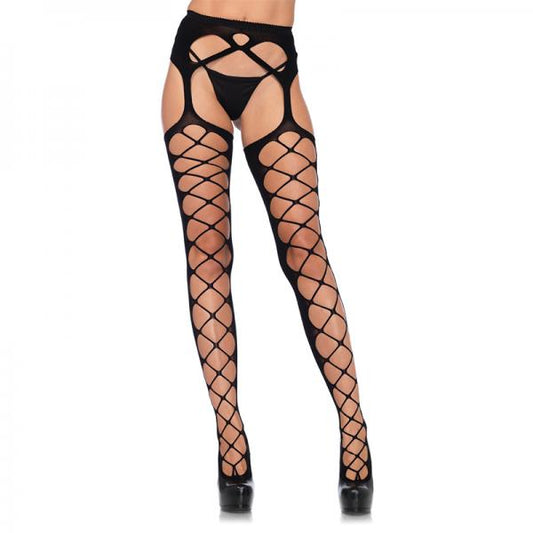 Diamond Net Opaque Stockings With Attached Garter Belt O/s Black - Secret Garden