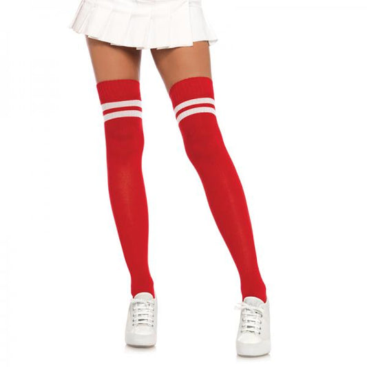 Ribbed Athletic Thigh Highs O/s Red/white - Secret Garden