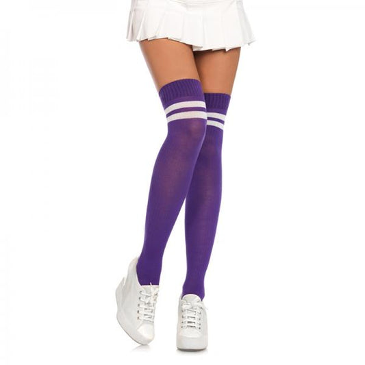 Ribbed Athletic Thigh Highs O/s Purple/white - Secret Garden