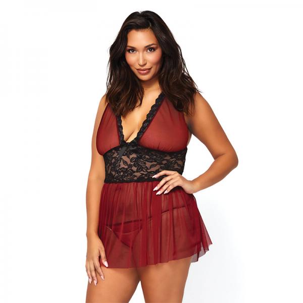 2pc Sheer Halter Babydoll With Floral Lace Empire Waist And Matching G-string 3x-4x Burgundy - Secret Garden