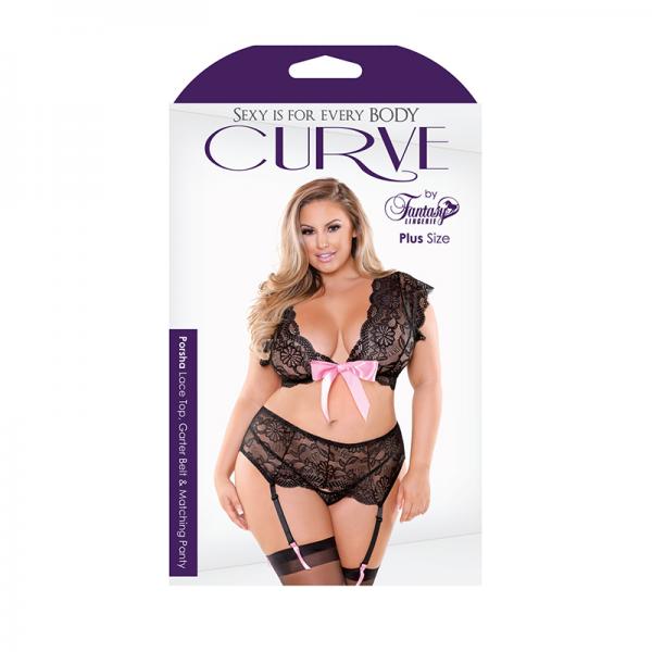 Porsha Ribbon Front Lace Top, Garter Belt, & Panty Black/pink 1x/2x - Secret Garden