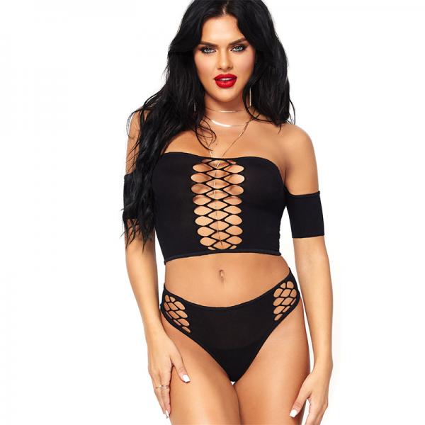 2 Piece Crop Top Net Detail and Thong Back Bottoms Black O/S - Secret Garden