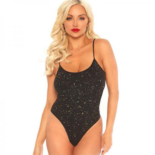 Shimmer Lurex Opaque Thong Back Bodysuit. Black/gold O/s - Secret Garden