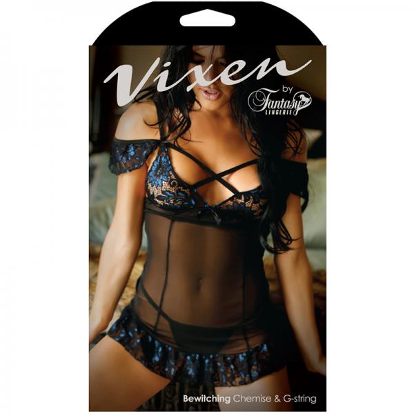 Vixen Bewitching Off Shoulder Cage Chemise & Matching G-string Black/blue Queen - Secret Garden