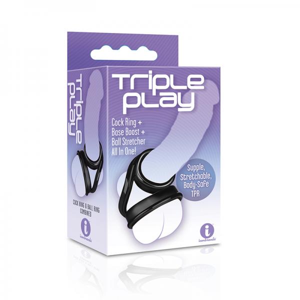 Triple Play Cock Ring, Base Boost, Ball Stretcher Black - Secret Garden