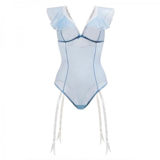 Blue Daiquir Mesh Ruffled Teddy With Garter Powder Blue M/l - Secret Garden