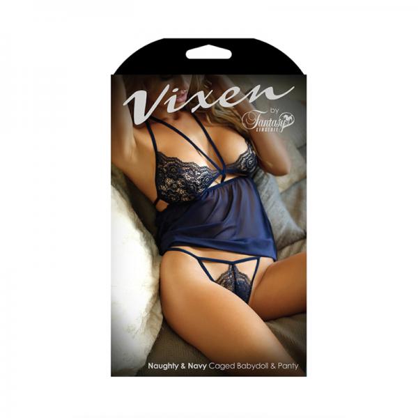 Vixen Naughty & Navy Caged Babydoll & Panty Os Navy - Secret Garden