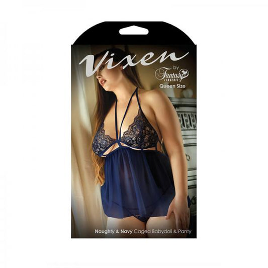 Vixen Naughty & Navy Caged Babydoll & Panty L/xl Navy - Secret Garden