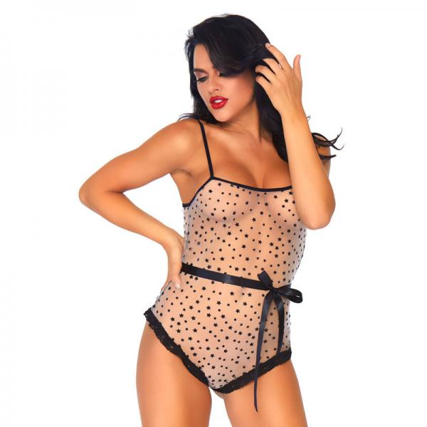 2 Pc Lace Trimmed Sheer Flocked Star Bodysuit With Snap Crotch And Ribbon Tie. - Secret Garden