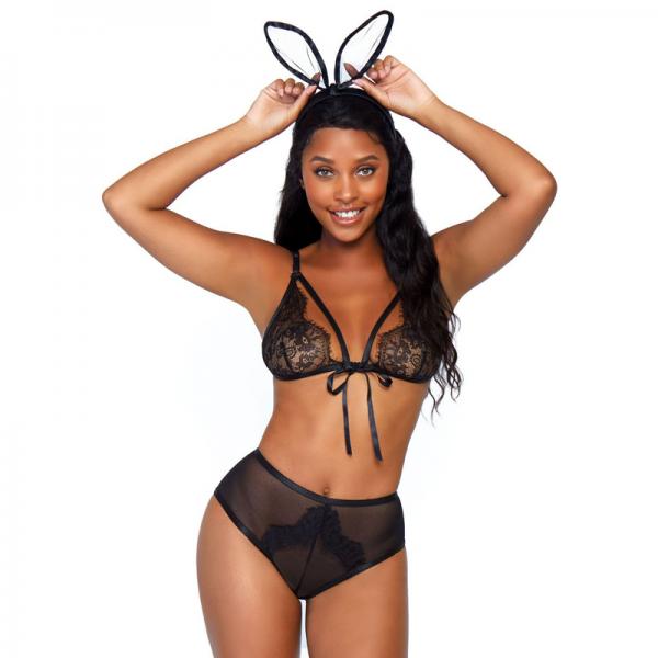 3 Pc Bedroom Bunny, Includes Eyelash Lace Cage Strap Bra Top, Cheeky Backless Panty With Fluffy Tail - Secret Garden