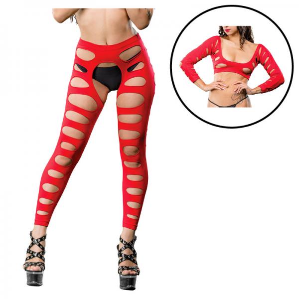 Red Variegated Holes Crotchless Legging - Secret Garden