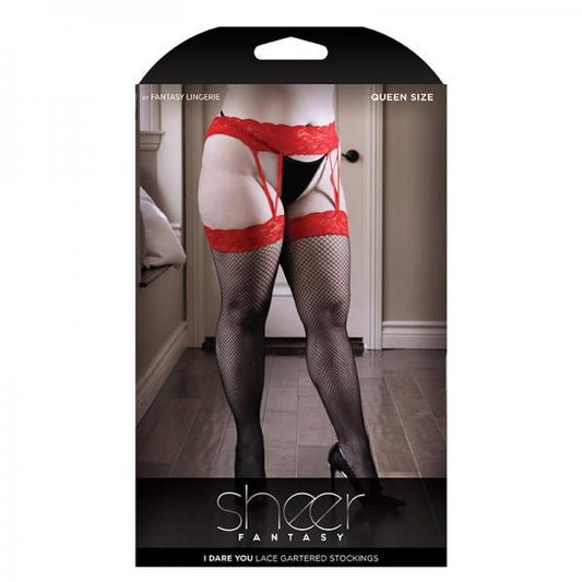 I Dare You Red Lace Garter Belt With Attached Lace Top Fishnet Stockings Queen - Secret Garden