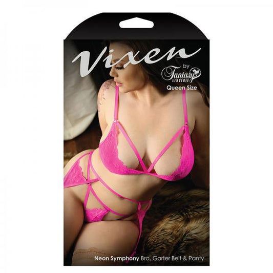 Vixen Neon Symphony Bralette, Garter Belt & Panty Queen Electric Pink - Secret Garden