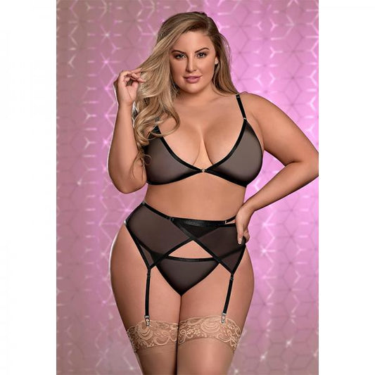 Ms Sheer Mesh Bra Garter & Panty Blk 1 Size Queen - Secret Garden