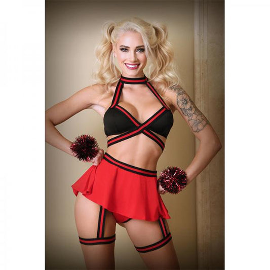 Bralette, Skirt Panty, With Detachable Leg Garter And Pom Pom Wristlets M/l Black And Red - Secret Garden